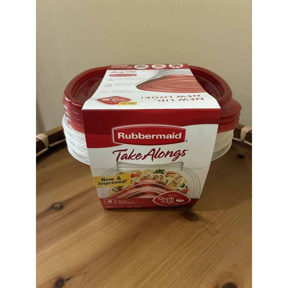 Rubbermaid TakeAlongs Set of 4 Deep Squares Clear with Red Lid 5.2 Cups NEW
